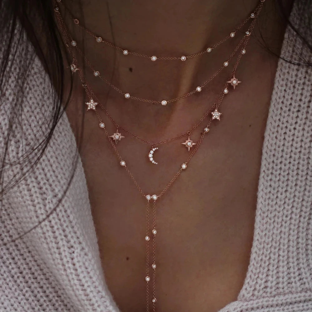 Vintage Crystal Geometry Star Moon Lock Necklace For Women 2020 Boho Multi-level Pendants Necklaces Chokers Jewelry Gift