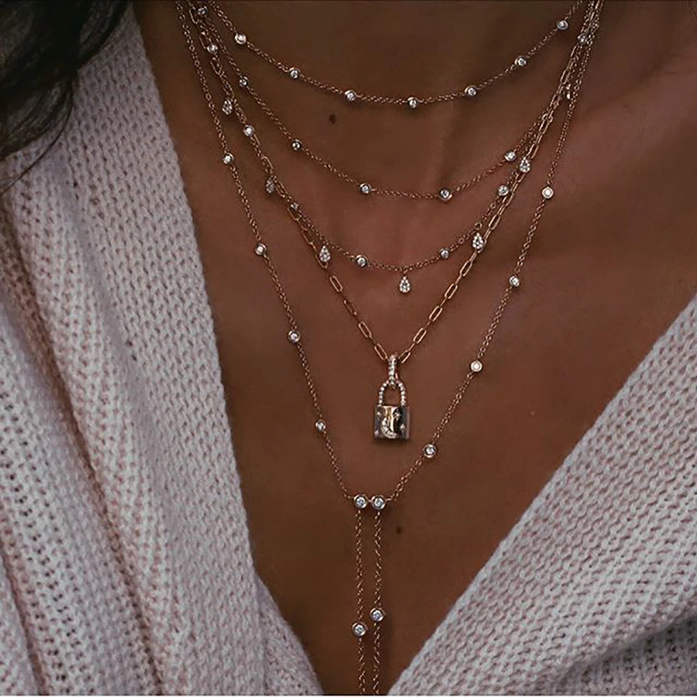 Vintage Crystal Geometry Star Moon Lock Necklace For Women 2020 Boho Multi-level Pendants Necklaces Chokers Jewelry Gift