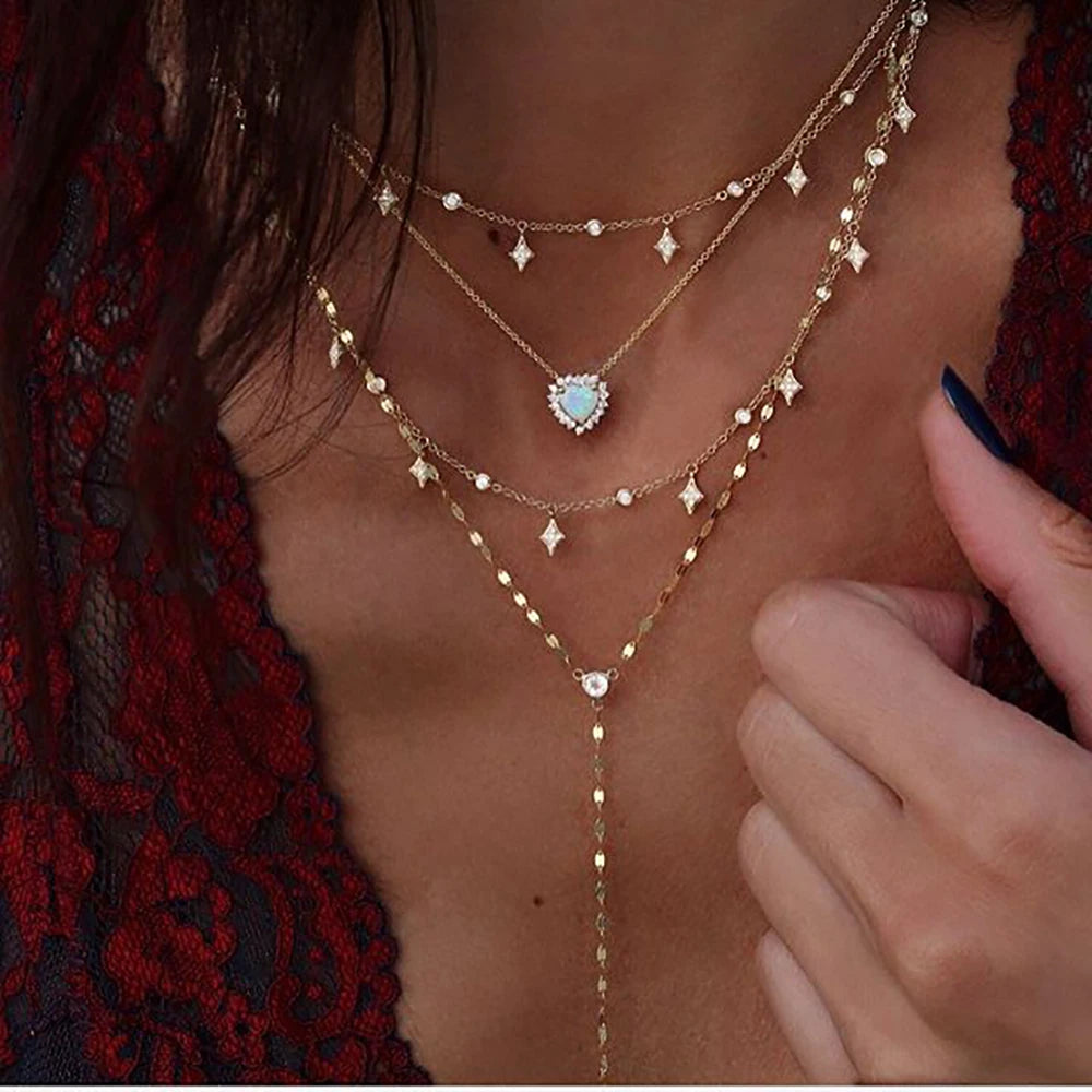 Vintage Crystal Geometry Star Moon Lock Necklace For Women 2020 Boho Multi-level Pendants Necklaces Chokers Jewelry Gift