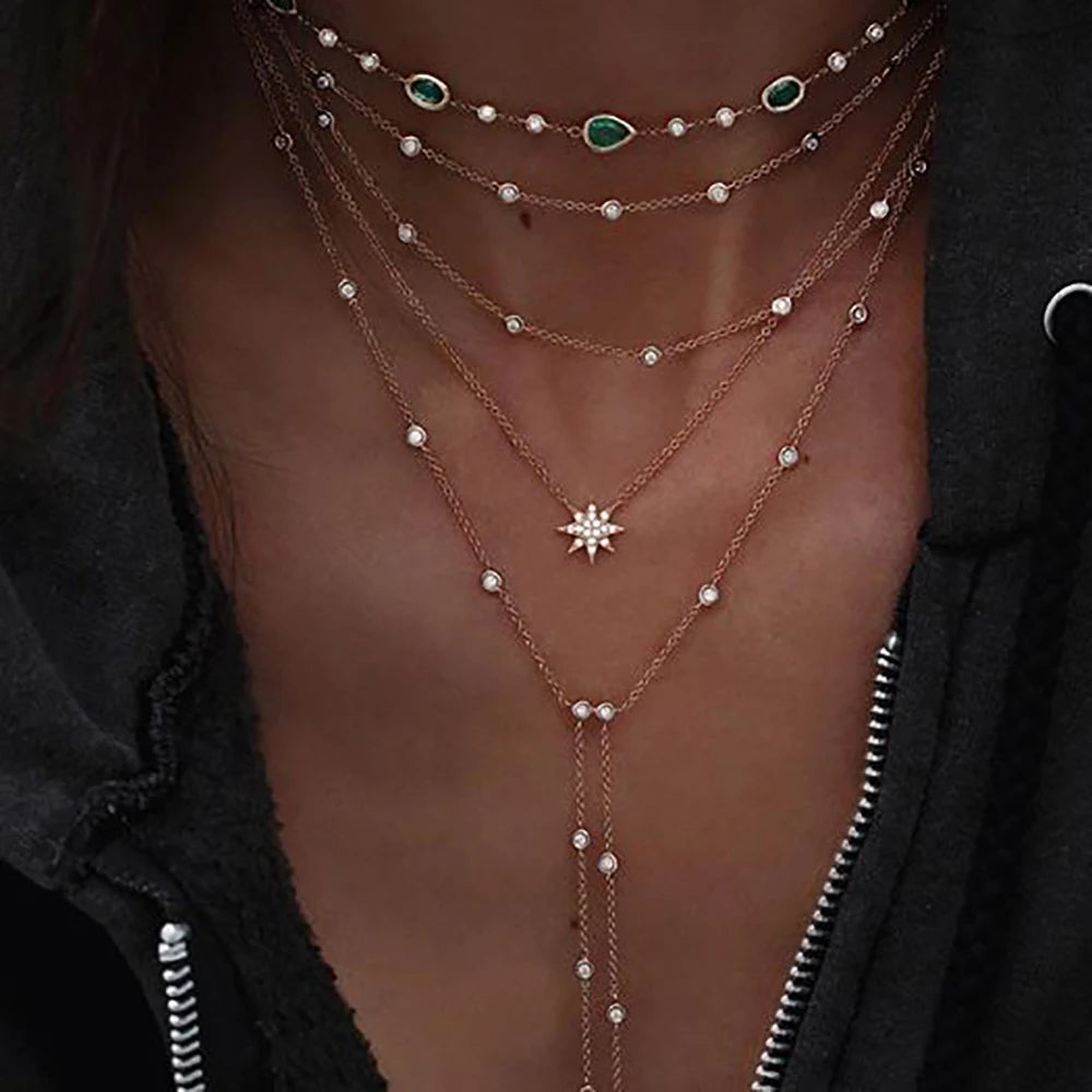 Vintage Crystal Geometry Star Moon Lock Necklace For Women 2020 Boho Multi-level Pendants Necklaces Chokers Jewelry Gift