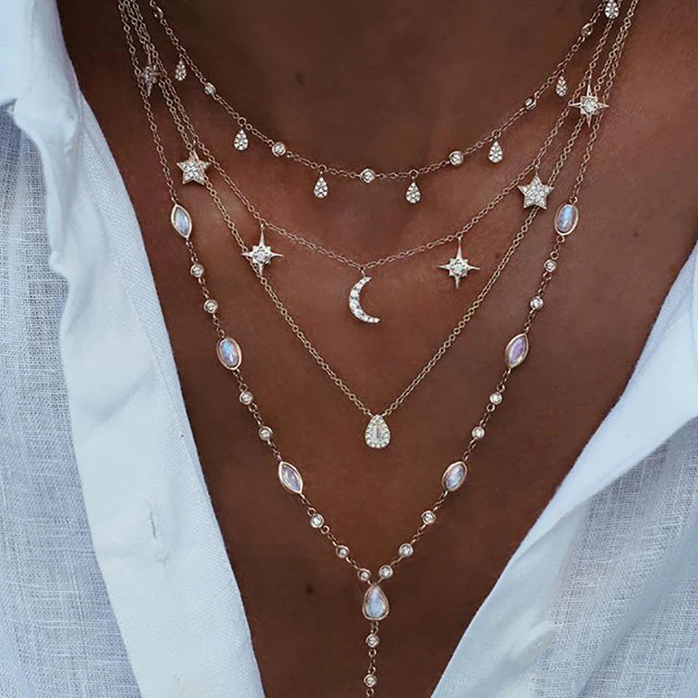 Vintage Crystal Geometry Star Moon Lock Necklace For Women 2020 Boho Multi-level Pendants Necklaces Chokers Jewelry Gift