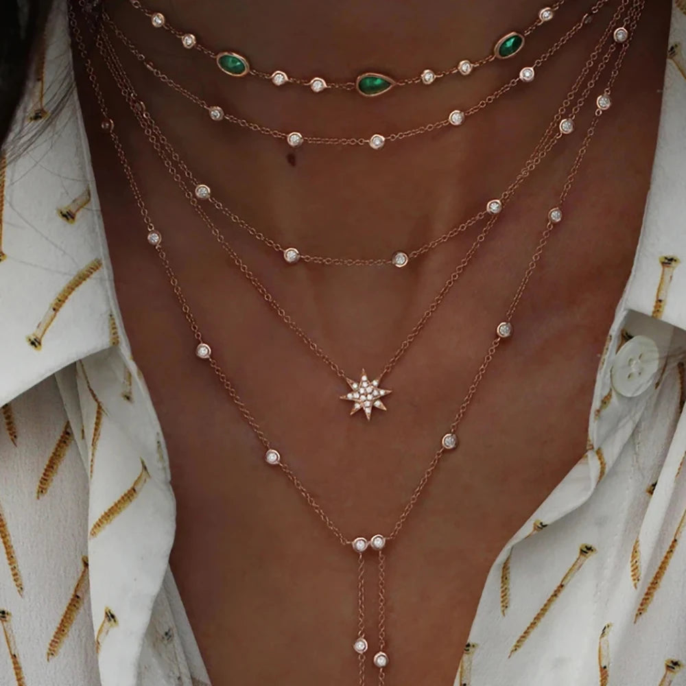 Vintage Crystal Geometry Star Moon Lock Necklace For Women 2020 Boho Multi-level Pendants Necklaces Chokers Jewelry Gift