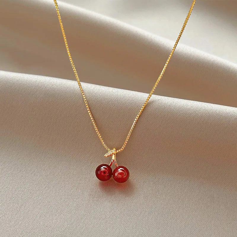 Wine Red Cherry Gold Colour Pendant Necklace For Women Personality  Necklace Wedding Jewelry Birthday Gifts