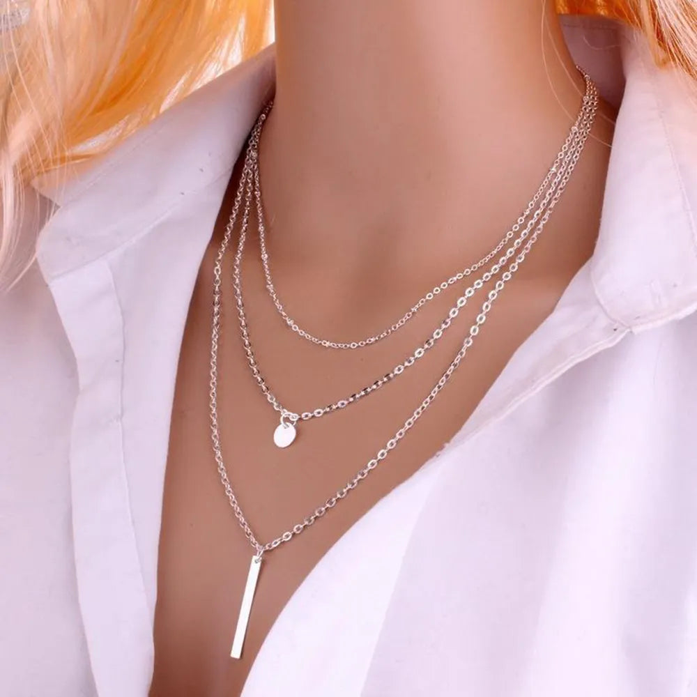 Women  Gold Color 3 Layers Chain Necklace Hollow Out Triangle Long Pendant Necklaces Jewelry Jewelry Gift