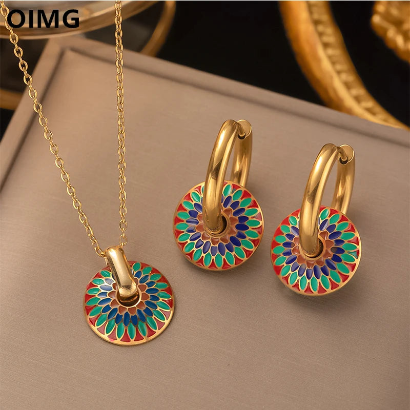 OIMG 316L Stainless Steel Jewelry Sets for Woman 3 Color Oval Gear Pendant Necklaces and Earrings Set Bohemian Style