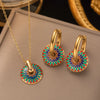 OIMG 316L Stainless Steel Jewelry Sets for Woman 3 Color Oval Gear Pendant Necklaces and Earrings Set Bohemian Style
