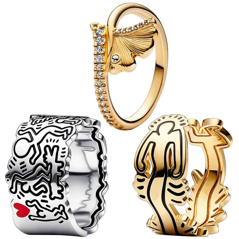 Original Golden Shine Gingko Leaf Wavy Figure Line Art Love People Wide Ring Fit 925 Sterling Silver Ring Europe Gift Jewelry