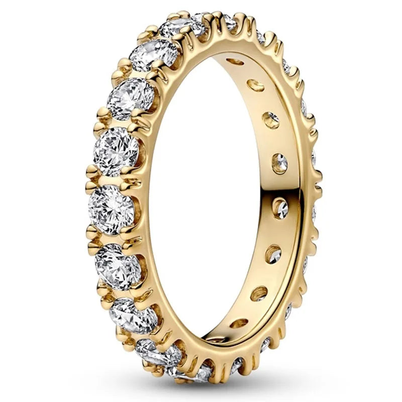 Original Golden Shine Row Eternity With Crystal Ring For 925 Sterling Silver Ring Women Party Gift Europe DIY Jewelry