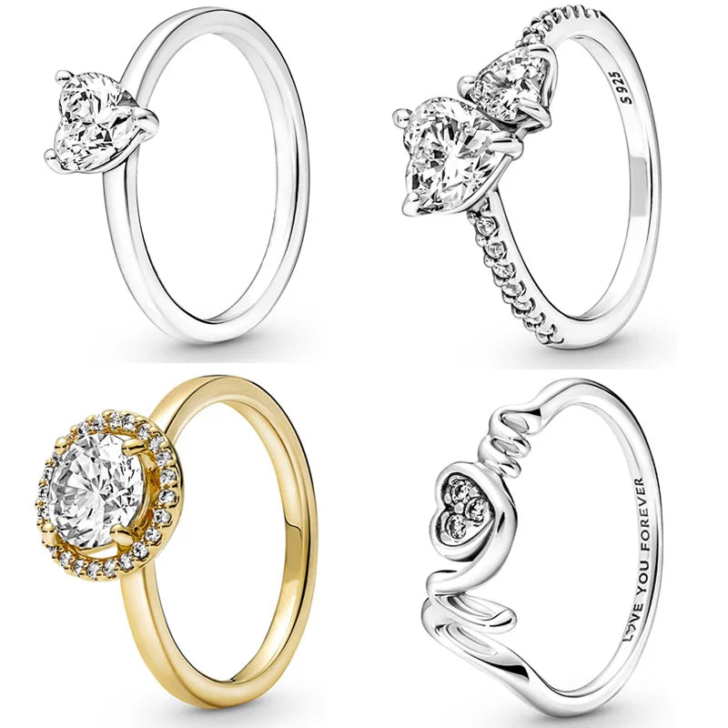 Original Mom Pave Double Heart Solitaire Round Halo With Crystal Ring Fit 925 Sterling Silver Ring Europe Diy Jewelry