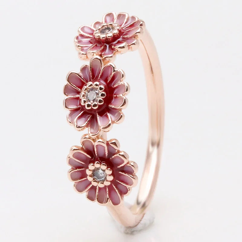 Original Pink Enamel Flower With Crystal Ring For Women 925 Sterling Silver Ring Wedding Party Gift Europe Jewelry