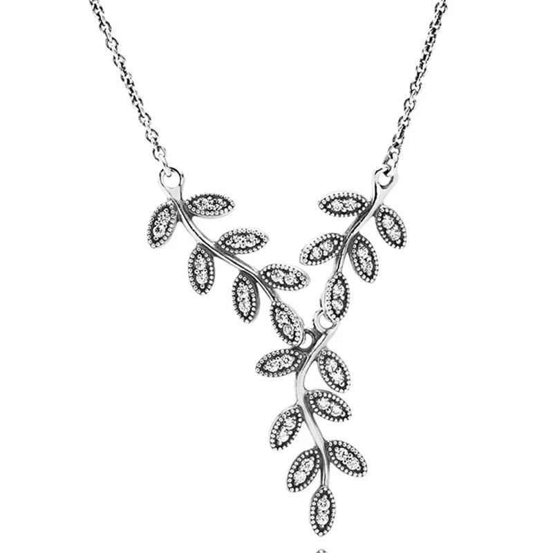 Original Sparkling Leaves With Crystal Chain Link Necklace For 925 Sterling Silver Bead Charm Bracelet Europe Diy Jewelry