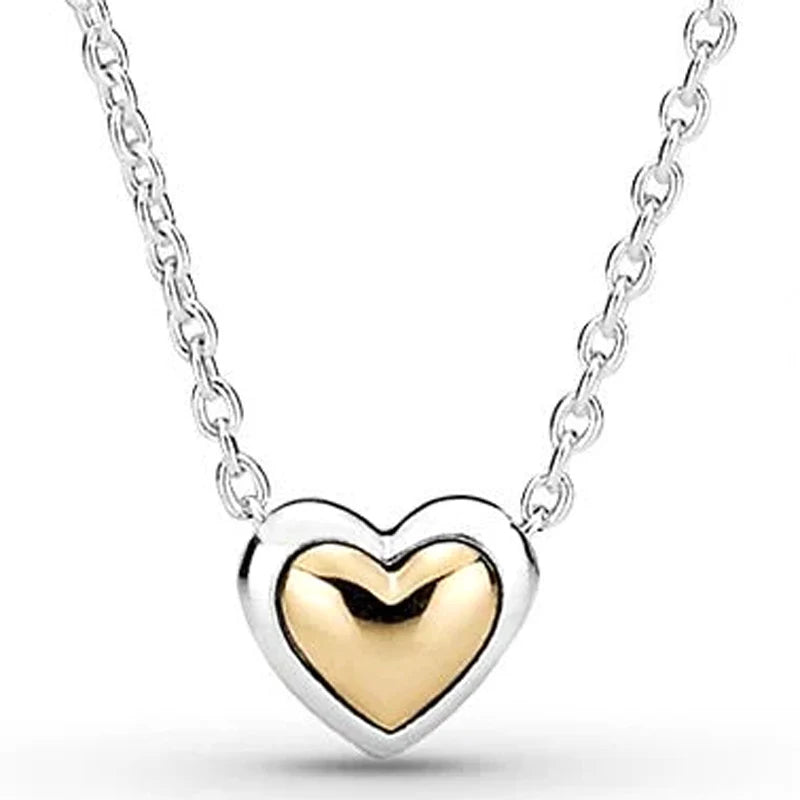 Original Two Tone Domed Golden Heart Collier Necklace For 925 Sterling Silver Bead Charm Bracelet Europe DIY Jewelry
