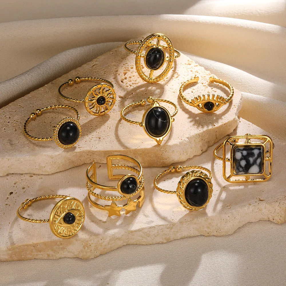 PVD Plated Stainless Steel Ring Vintage Square Oval Natural Stone Rings For Women Open 18K Gold Color Jewelry Gift