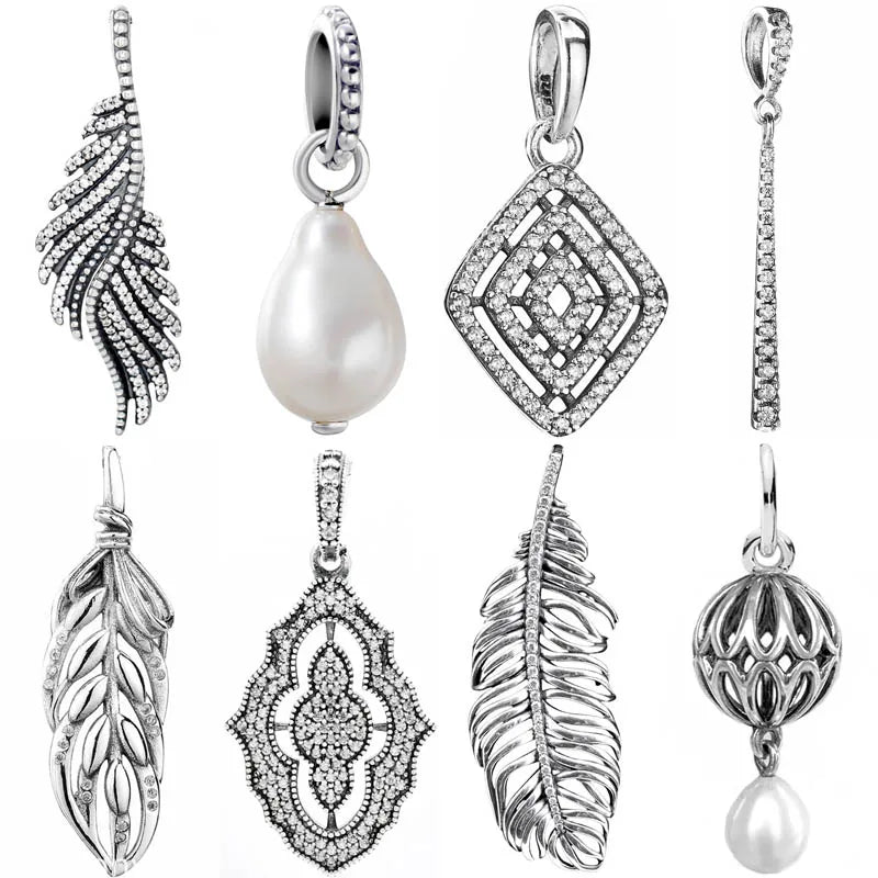 Pearl Drop Pine Needle Leave Feather Wheat Necklace Pendant Beads 925 Sterling Silver Charm Fit Popular Bracelet DIY Jewelry