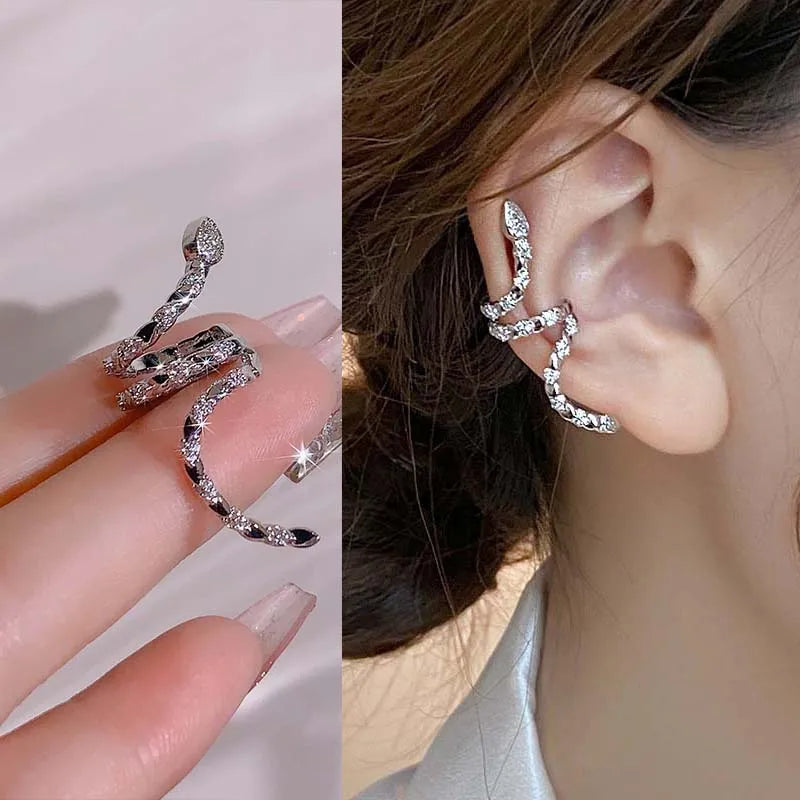 Personality Rhinestone Snake Shaped Clip Earrings for Women Sparkling Zircon Animal Without Piercing Ear Cuff Party Jewelry Gift