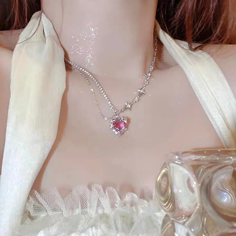 Pink Purple Zircon Star Heart Necklace Y2K Irregular Love Crystal Heart Choker Egirl Collar Necklaces Women Jewelry Accessories