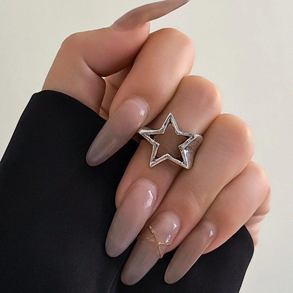 Punk Hollow Out Thick Geometric Star Open Ring for Women Men Minimalist Silver Color Ring Party Hip Hop Jewelry