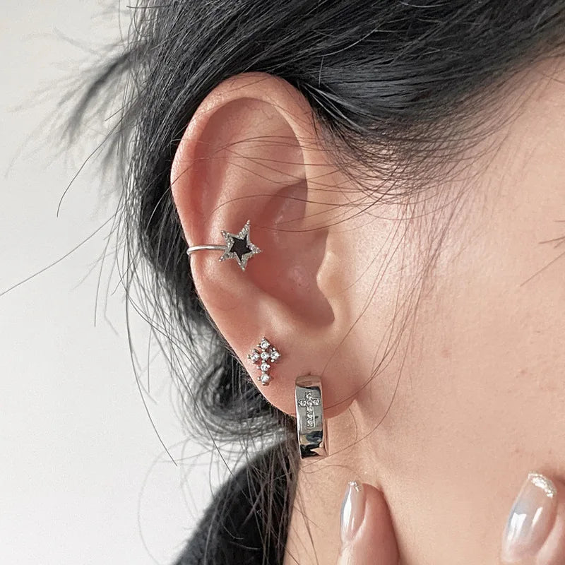 Punk Rhinestone Cross Ear Buckle Earrings Black Star Ear Clip Jewelry Piercing Studs for Women or Men Ear Accessories