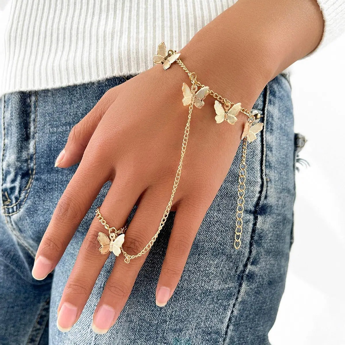 Punk Silver Color Butterfly Ring For Women Hip Hop Link Wrist Chain Bracelet Finger Rings Vintage Trendy Aesthetic Jewelry Gift