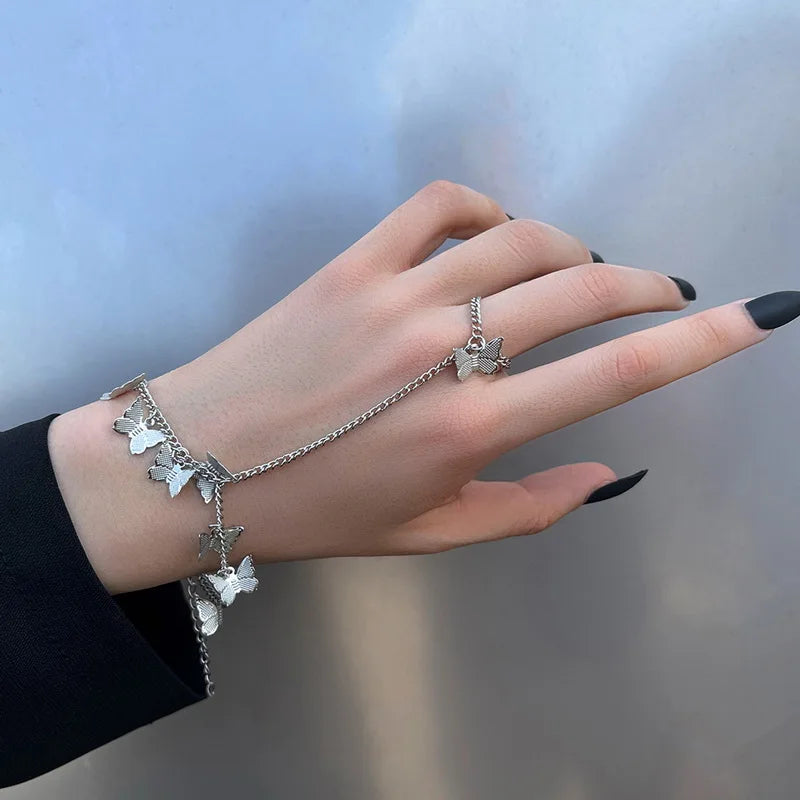 Punk Silver Color Butterfly Ring For Women Hip Hop Link Wrist Chain Bracelet Finger Rings Vintage Trendy Aesthetic Jewelry Gift