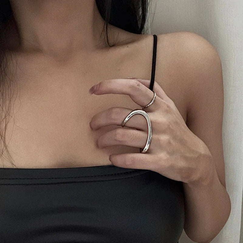 Punk Two-Finger Irregular Geometric Ring  Design Geometric Smooth Rings Silver Color Hip Hop Open Ring Women Jewelry Gift