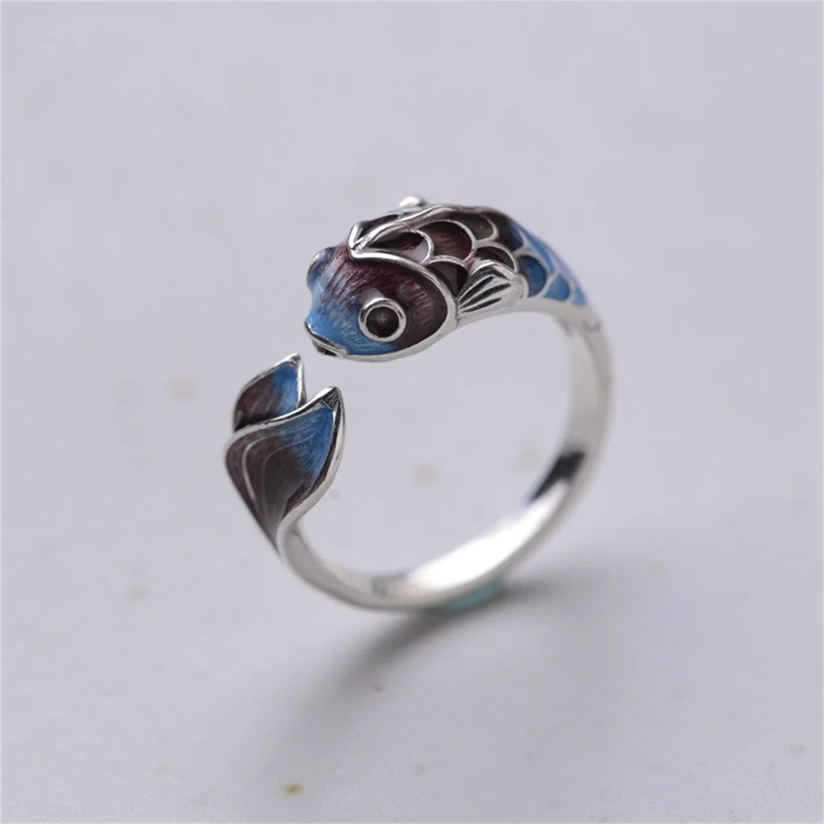 Punk Vintage Lucky Koi Fish Open Rings For Women Men Retro Silver Plated Blue Lotus Flower Adjustable Ring Buddhism Jewelry Gift