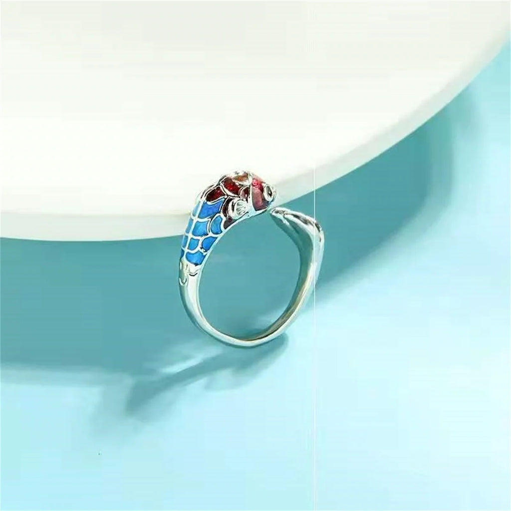 Punk Vintage Lucky Koi Fish Open Rings For Women Men Retro Silver Plated Blue Lotus Flower Adjustable Ring Buddhism Jewelry Gift