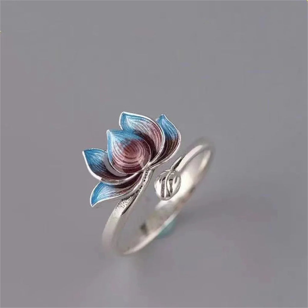 Punk Vintage Lucky Koi Fish Open Rings For Women Men Retro Silver Plated Blue Lotus Flower Adjustable Ring Buddhism Jewelry Gift