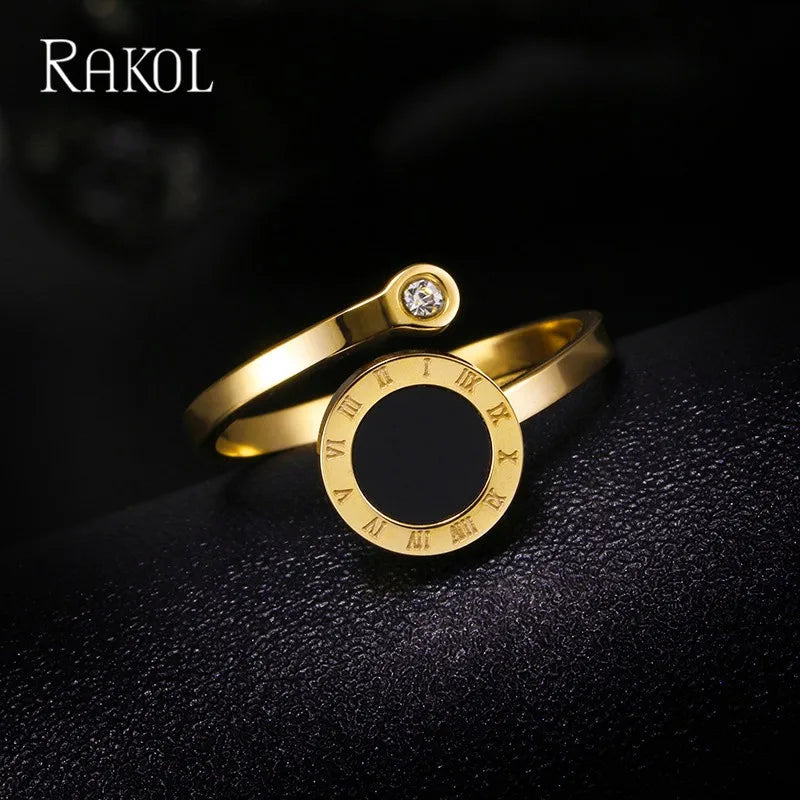 RAKOL Stainless Steel Roman Numeral Black Shell Opening Rings for Women Adjustable Zircon Tail Ring  Female Jewelry