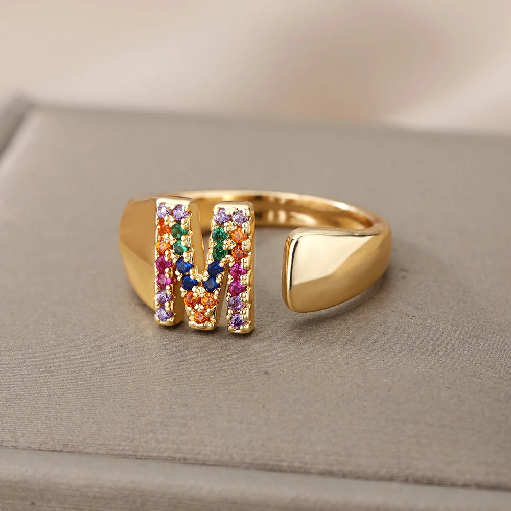 Rainbow Zircon Letter Rings For Women  Chunky Wide Letter A-Z Stainless Steel Ring Wedding Boho Jewelry