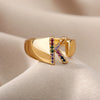 Rainbow Zircon Letter Rings For Women  Chunky Wide Letter A-Z Stainless Steel Ring Wedding Boho Jewelry