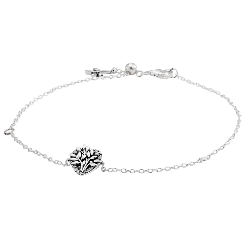 Real Sparkling Signature Heart Family Tree Chain Bracelet 925 Sterling Silver Bangle Fit  Bead Charm Diy Jewelry