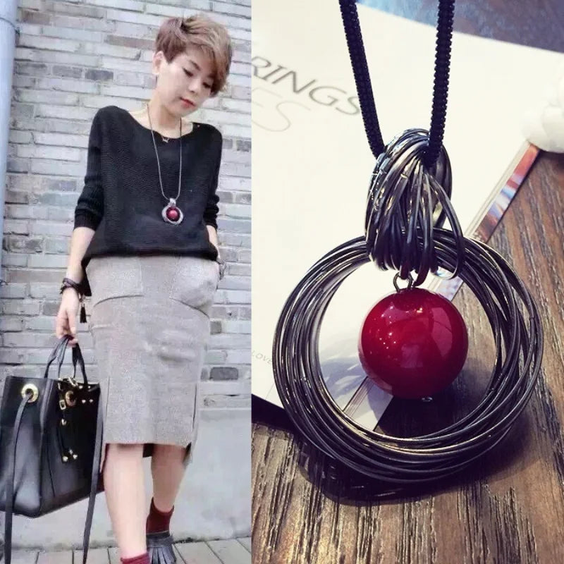 Red White Pearl Ball Pendant Long Necklaces  Circles Simulated Women Black Chain Maxi Necklace  Jewelry   Gift