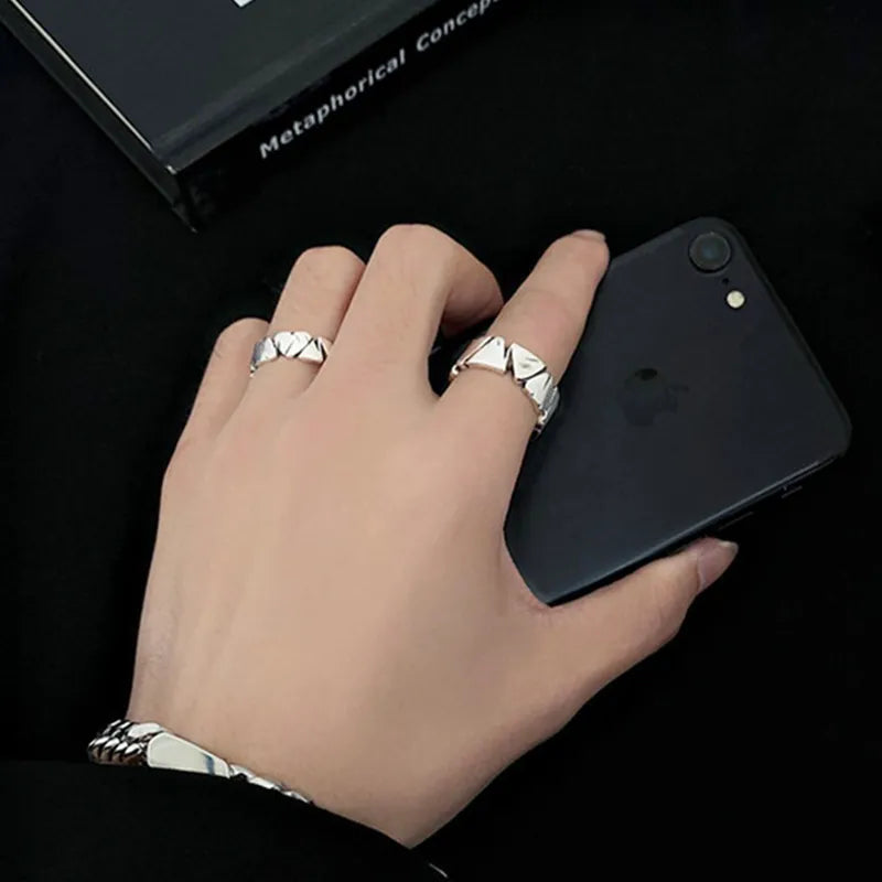 Retro Adjustable Opening Mori Heart Shaped Rock Texture Rings for Vintage Woman Man Party Jewelry Gift Couple Ring