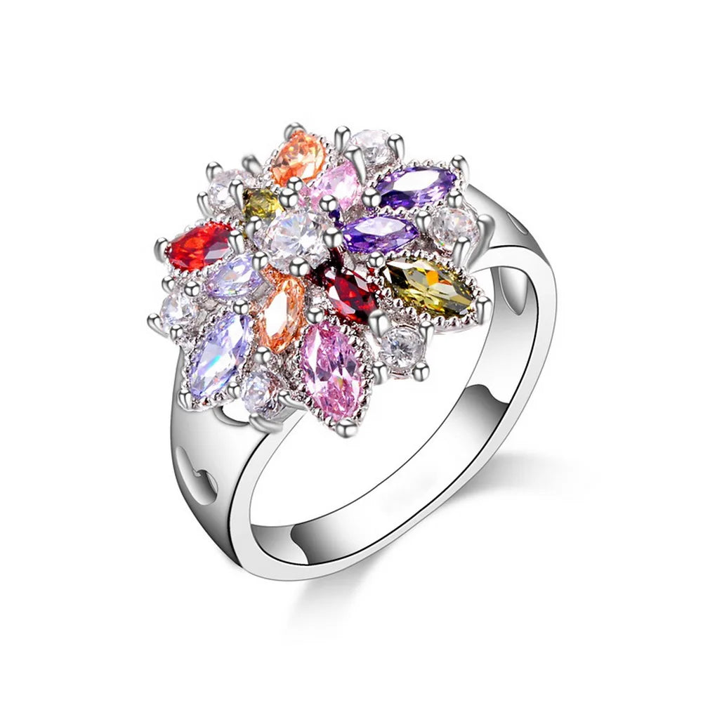 Ring  925 Sterling Silver Color Jewelry Colourful Cubic Zirconia Flower Design Cute Style Women Girls Party Engagement