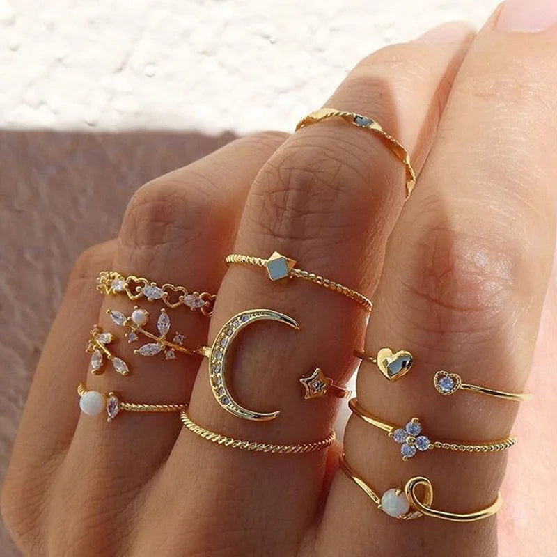 Rinhoo  Moon Star Ring Set For Women Shiny Crystal Heart Flower Geometric Metal Finger Rings Trendy Party Jewelry