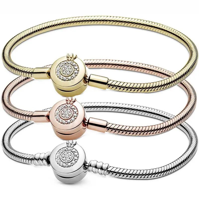 Rose Gold & Silver Moments Sparkling Snake Chain 925 Sterling Silver Bracelet Fit  Bangle Bead Charm Diy Jewelry