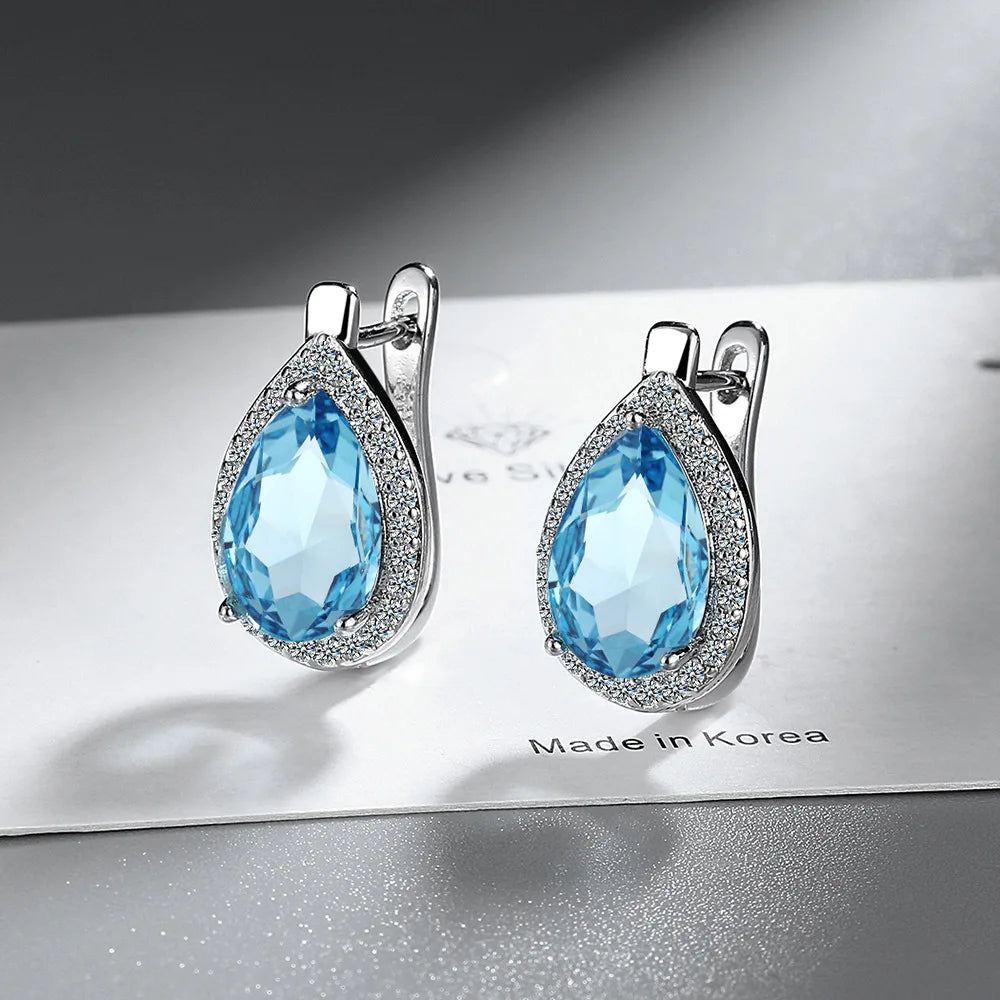 Female Earrings Silver Waterdrop Shaped Blue Zircon Earrings for Women Daily Wedding Party Jewelry Gift - Image 1