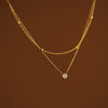 Stainless Steel Single Zircon Pendant Double Layer Chain Textured Necklace Jewelry - Image 3