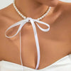 Imitation Pearl Choker Necklace with Lace-Up Bow Detail - Image 2