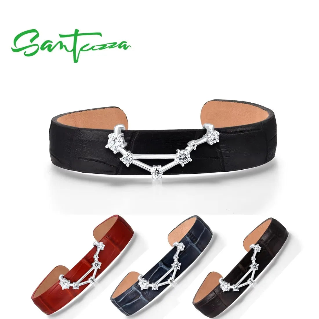 Silver Bracelet Bangle for Women Adjustable Red/Black/Blue/Brown Leather Libra Constellation Jewelry - Image 1
