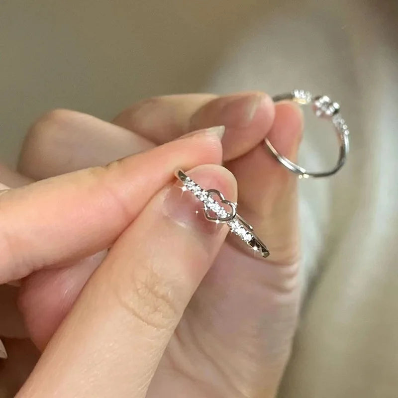 Silver Color Geometric Hollow Heart Zircon Opening Adjustable Rings for Women Jewelry Minimalist Accessories - Image 1