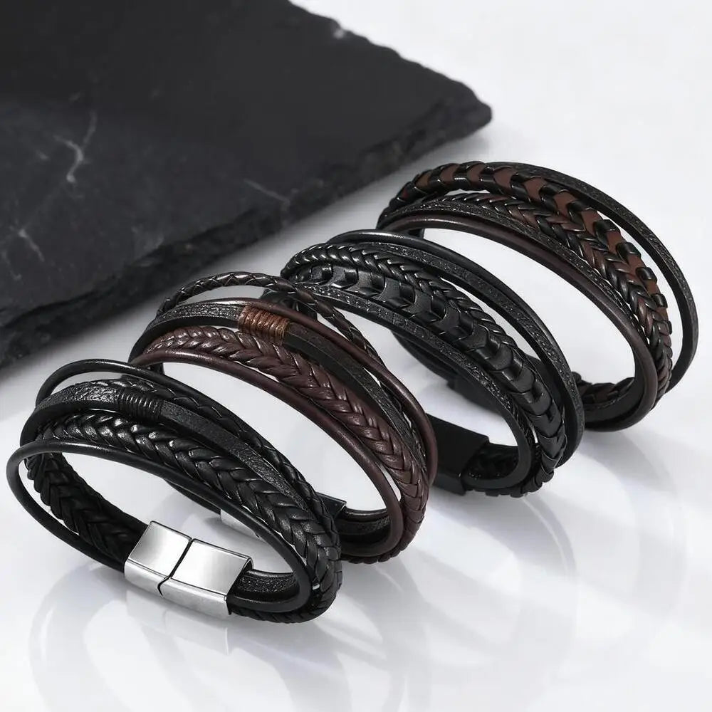 Multi Layer Braided Rope Bracelets for Men,Classic Handmade PU Leather Wristband with Magnetic Buckle, Punk Jewelry Gift - Image 1
