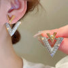 Letter Double V Stud Earrings, Sense Front and Rear Two Wear Size V-Shaped Full Zircon Niche Rhombus Versatile Earrings - Image 1