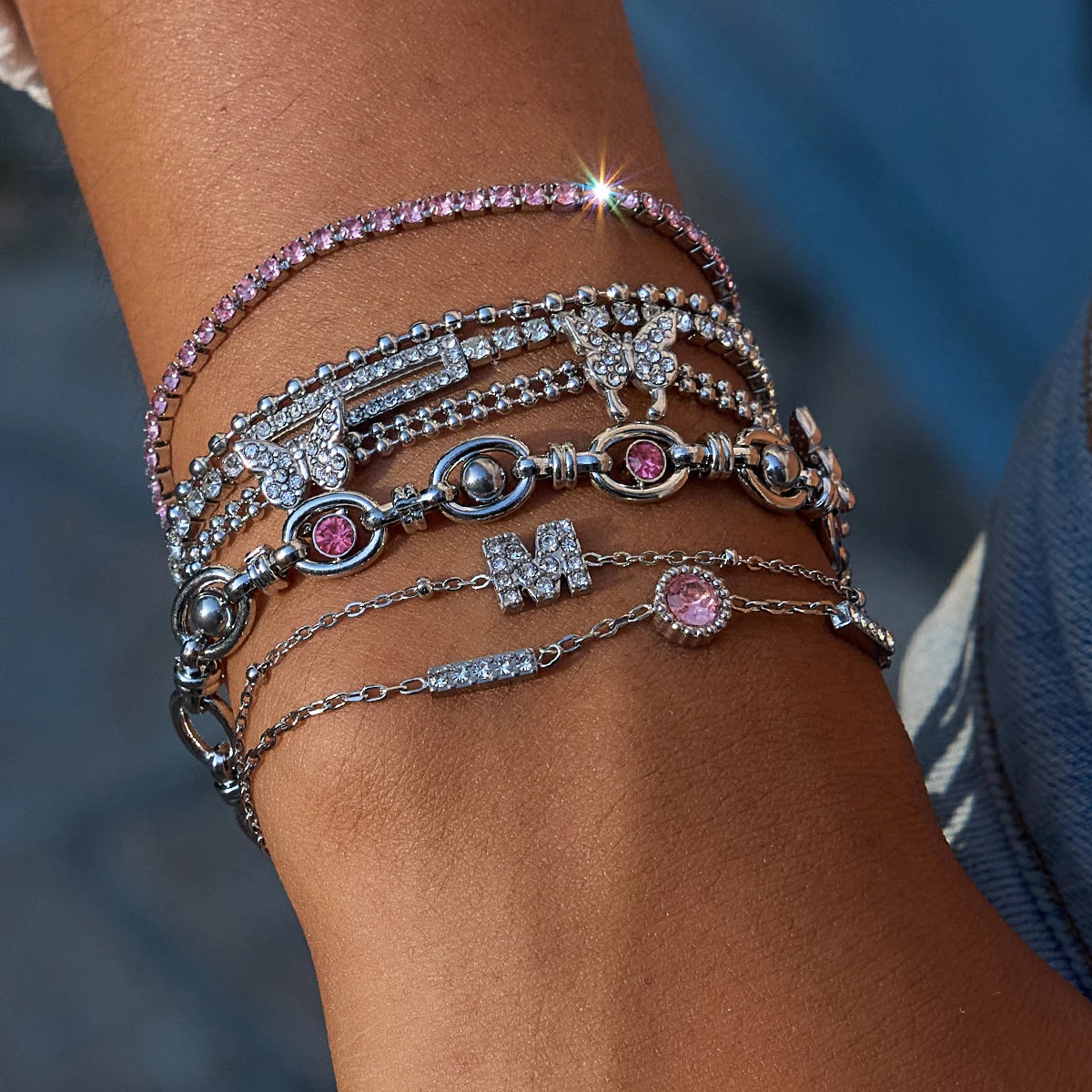 Simple Stainless Steel White Zircon Geometric Bracelet Butterfly Letter M Stackable Bracelet Women's Access - Image 1
