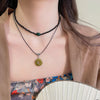 2 Pcs Vintage Peace Buckle Pendant Necklaces Stone Beads Chains Choker Necklace Set Women Men Chinese Style Jewelry K - Image 2