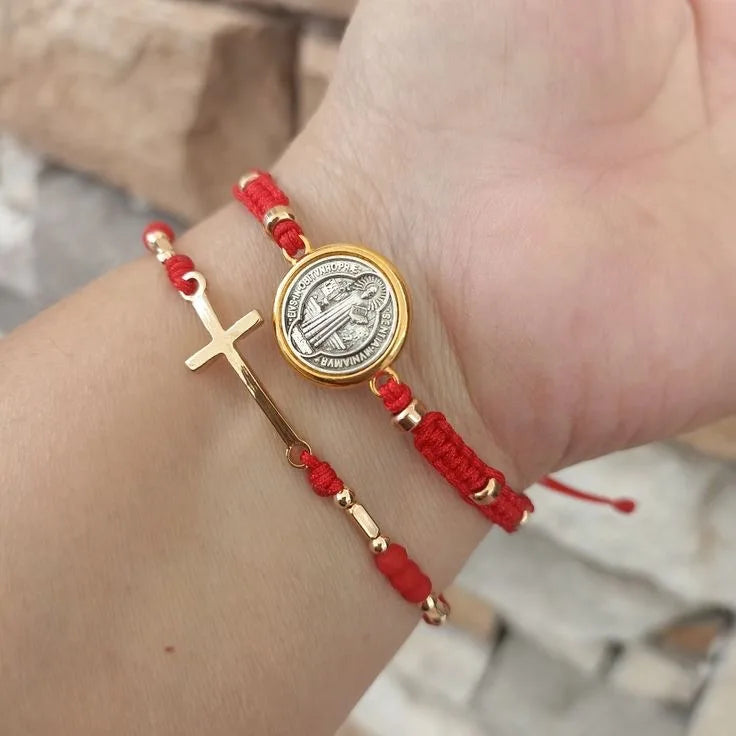 2pcs Cross Design Red Hand Woven Rope Adjustable Women's Bracelet Party Banquet Jewelry - Image 1