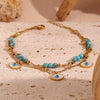Three White Shell Eyes Blue Turquoise Stone Double Layer Feet Chains Gold Plated 316L Stainless Steel Anklet - Image 4