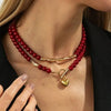 Salircon Red Acrylic Beaded Chain Love Heart Pendant Necklace Women Doublelayer OT Clavicle Chain Daily Wear Jewelry - Image 1