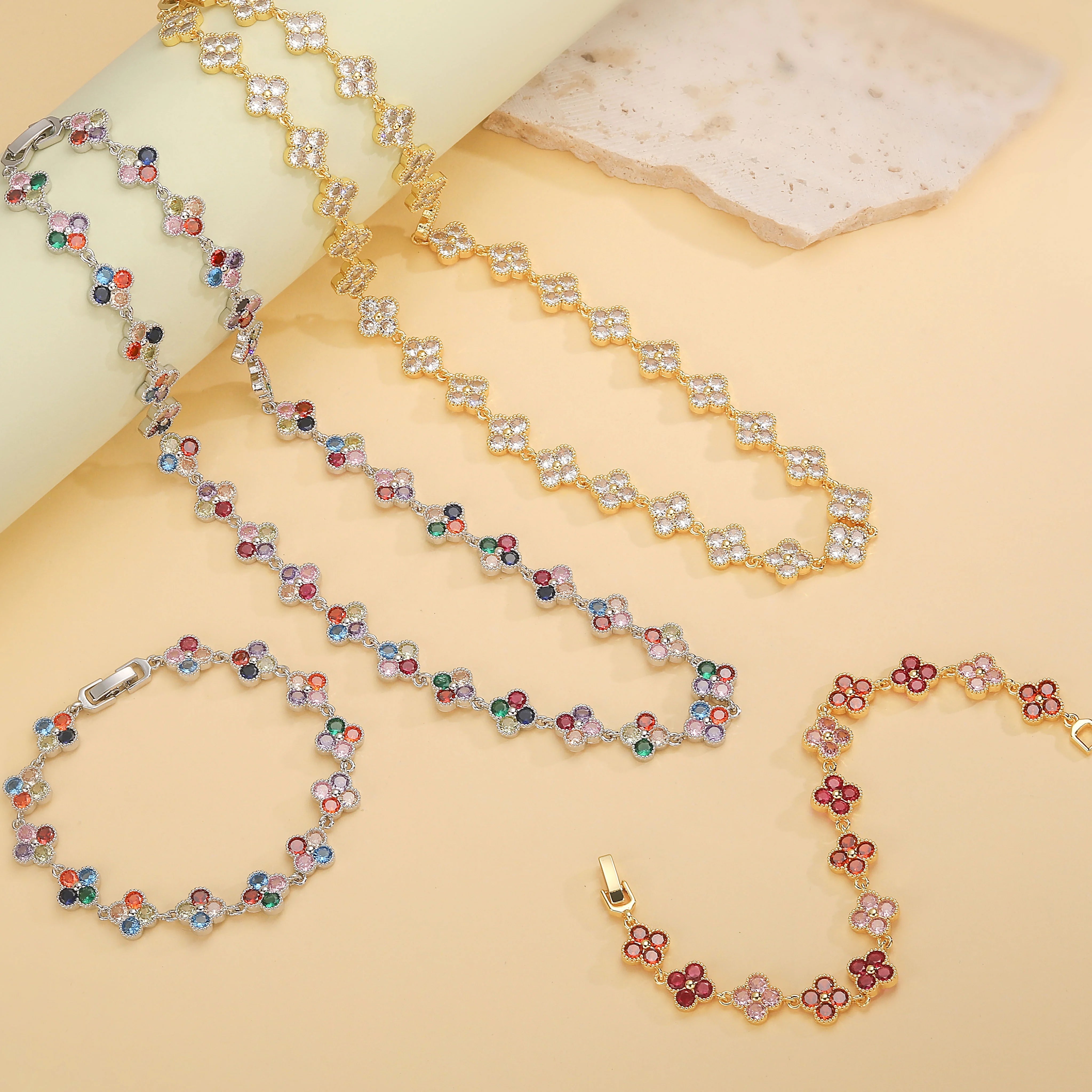 Multi-Color Women's Zircon Flower Delicate Bracelet/Necklace Rainbow Jewelry Gift Optional Mix-and-Match 1 Pcs - Image 1